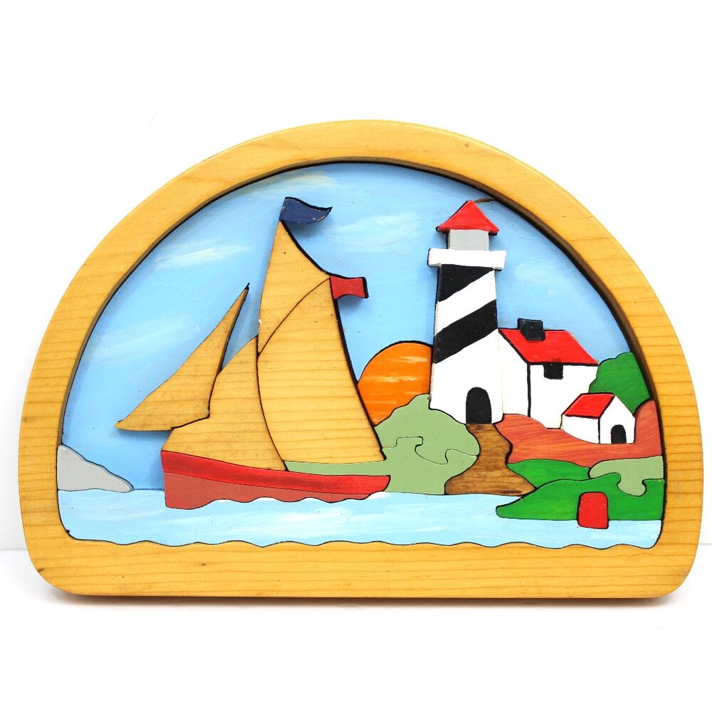 Lighthouse & Sailing Arched Wood Wall Art/Puzzle Pieces Signed D Miller VINTAGE